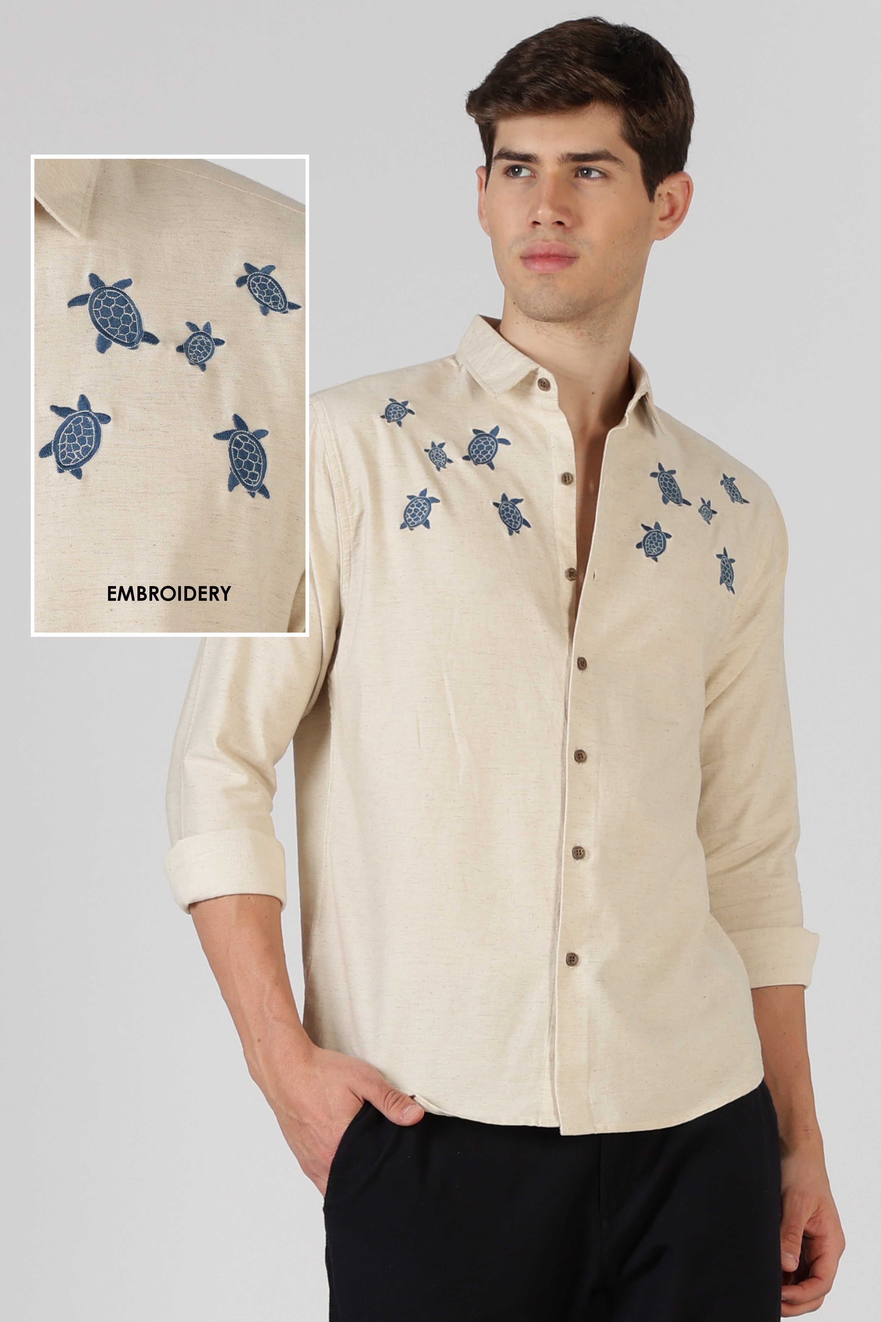Turtle Trail Cotton Regular Fit Beige Embroidered Shirt