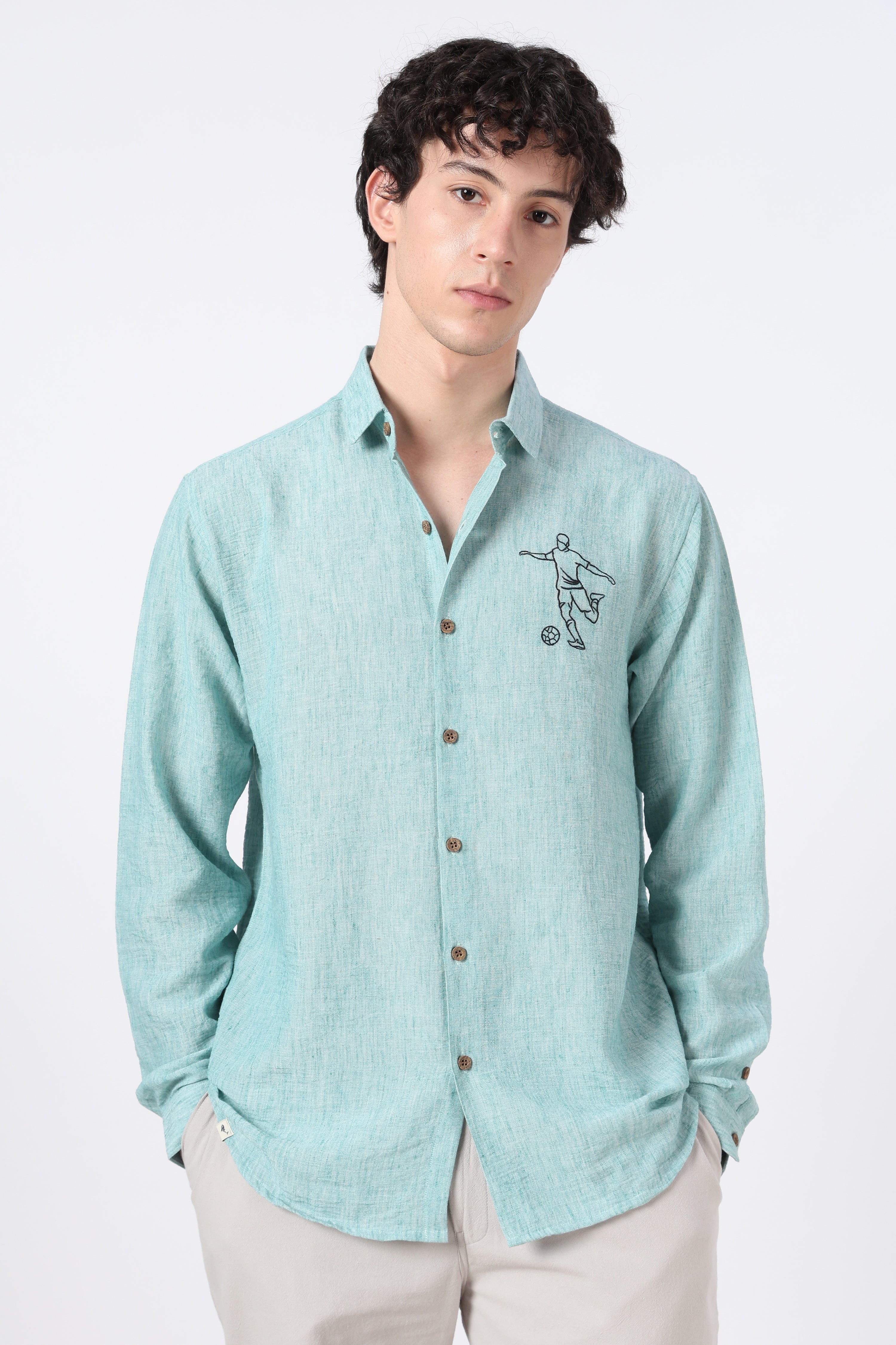 Final Whistle Cotton Regular Fit Sky Blue Embroidered Shirt