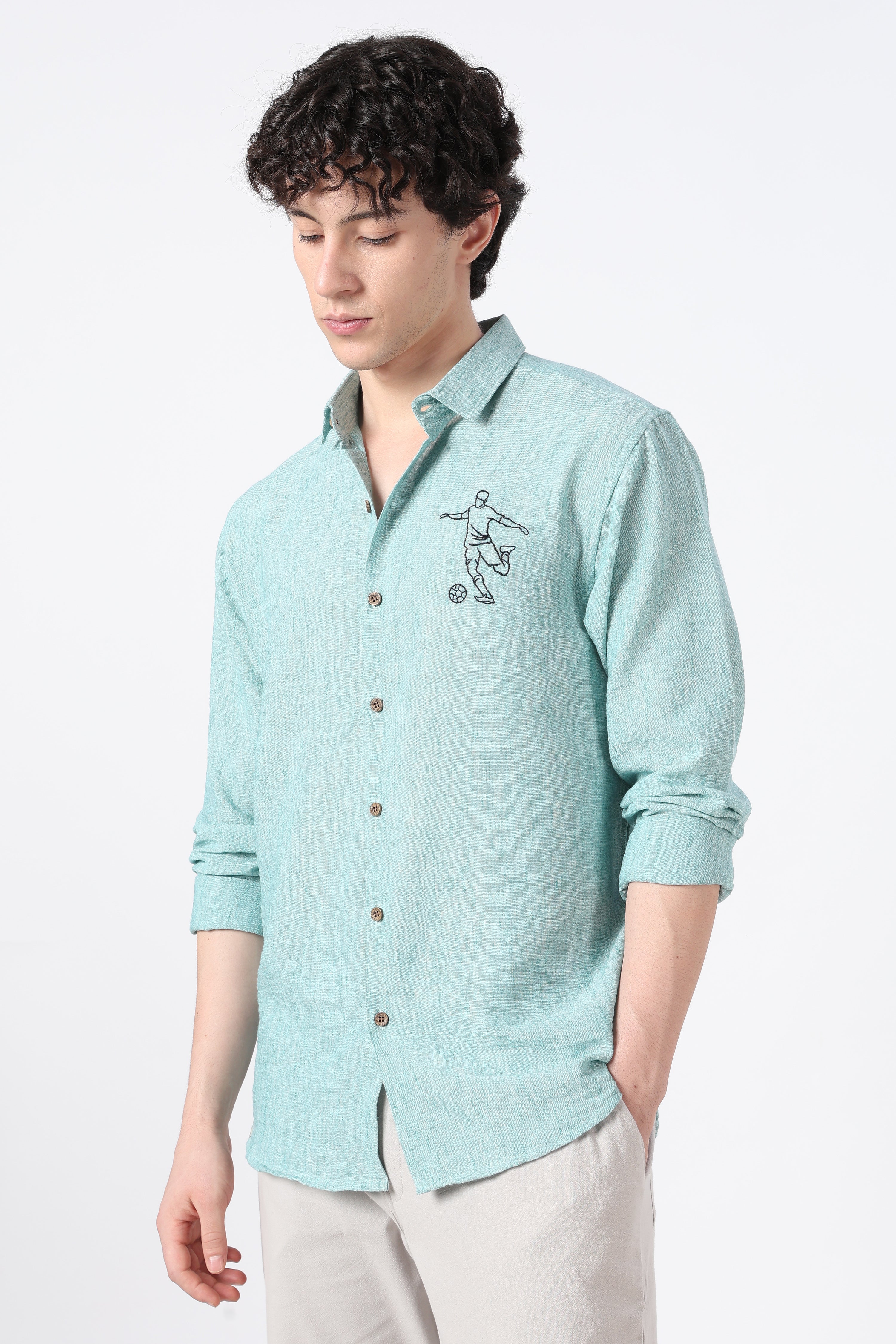 Final Whistle Cotton Regular Fit Sky Blue Embroidered Shirt