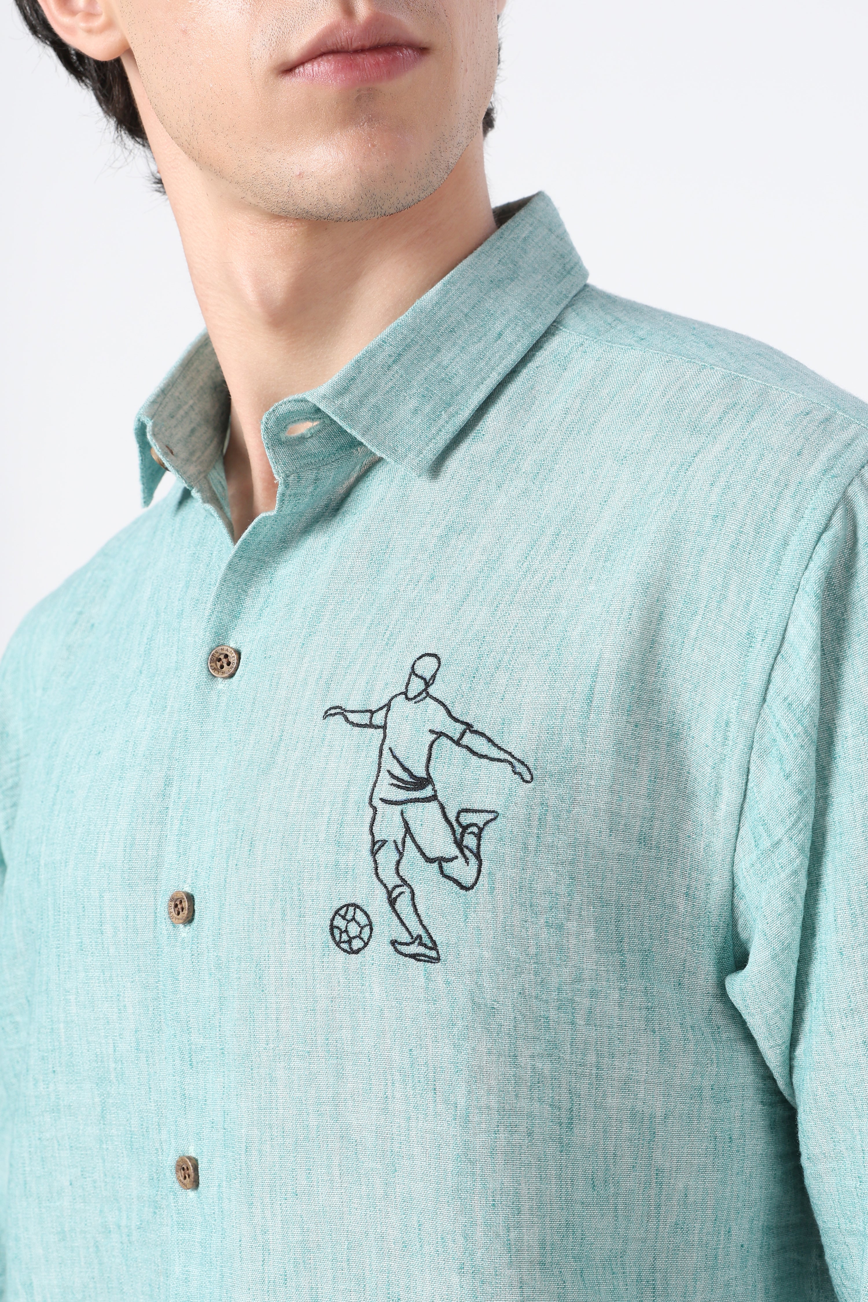 Final Whistle Cotton Regular Fit Sky Blue Embroidered Shirt