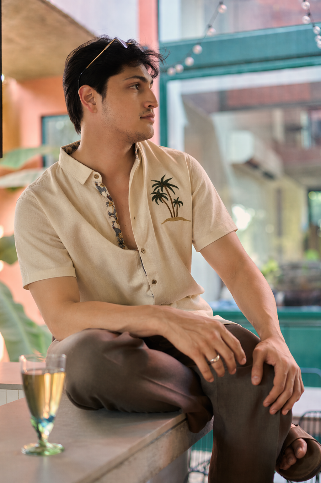 Caribbean Palm Tree Cotton Regular Fit Beige Embroidery Shirt