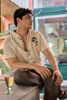Caribbean Palm Tree Cotton Regular Fit Beige Half-Sleeve Embroidery Shirt