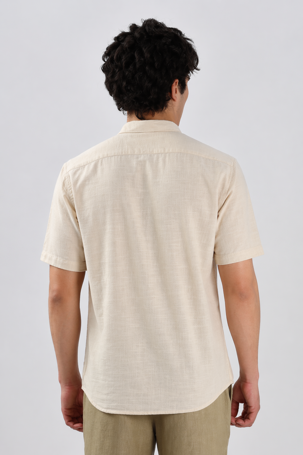 Caribbean Palm Tree Cotton Regular Fit Beige Half-Sleeve Embroidery Shirt