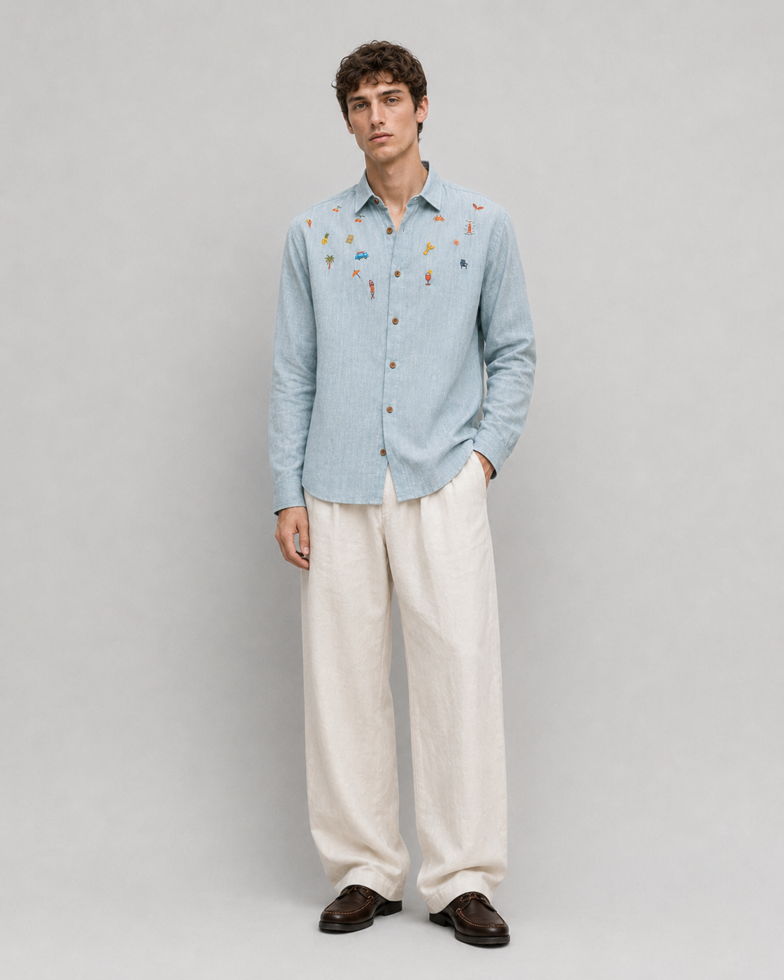 Seaside Souvenirs Linen Regular Fit Blue Embroidered Shirt