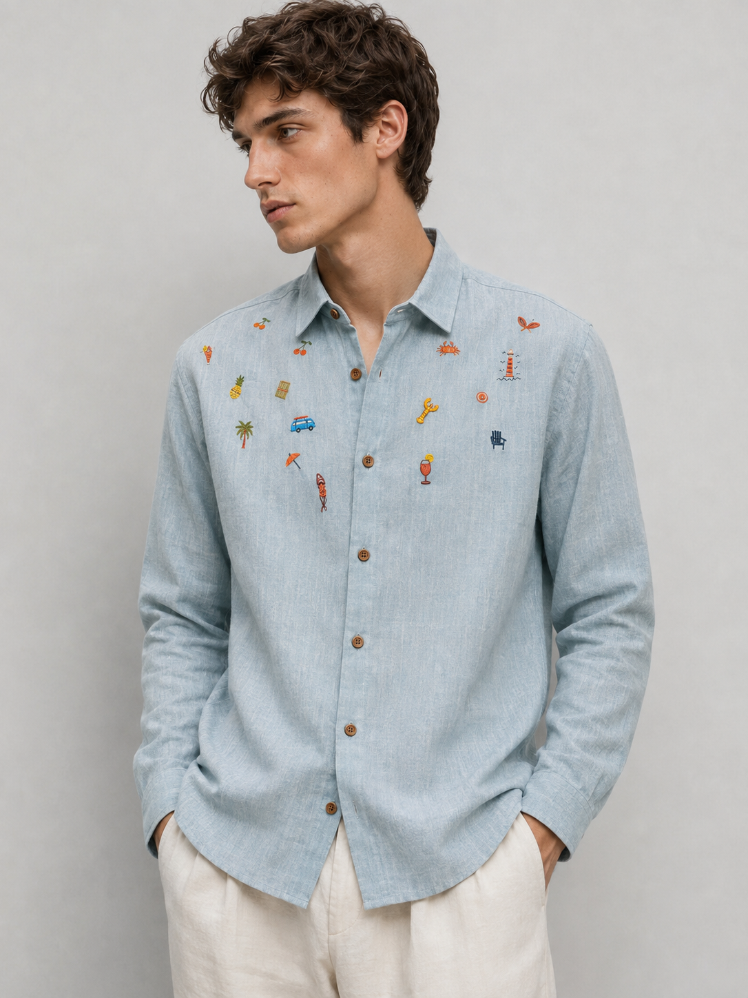 Seaside Souvenirs Linen Regular Fit Blue Embroidered Shirt