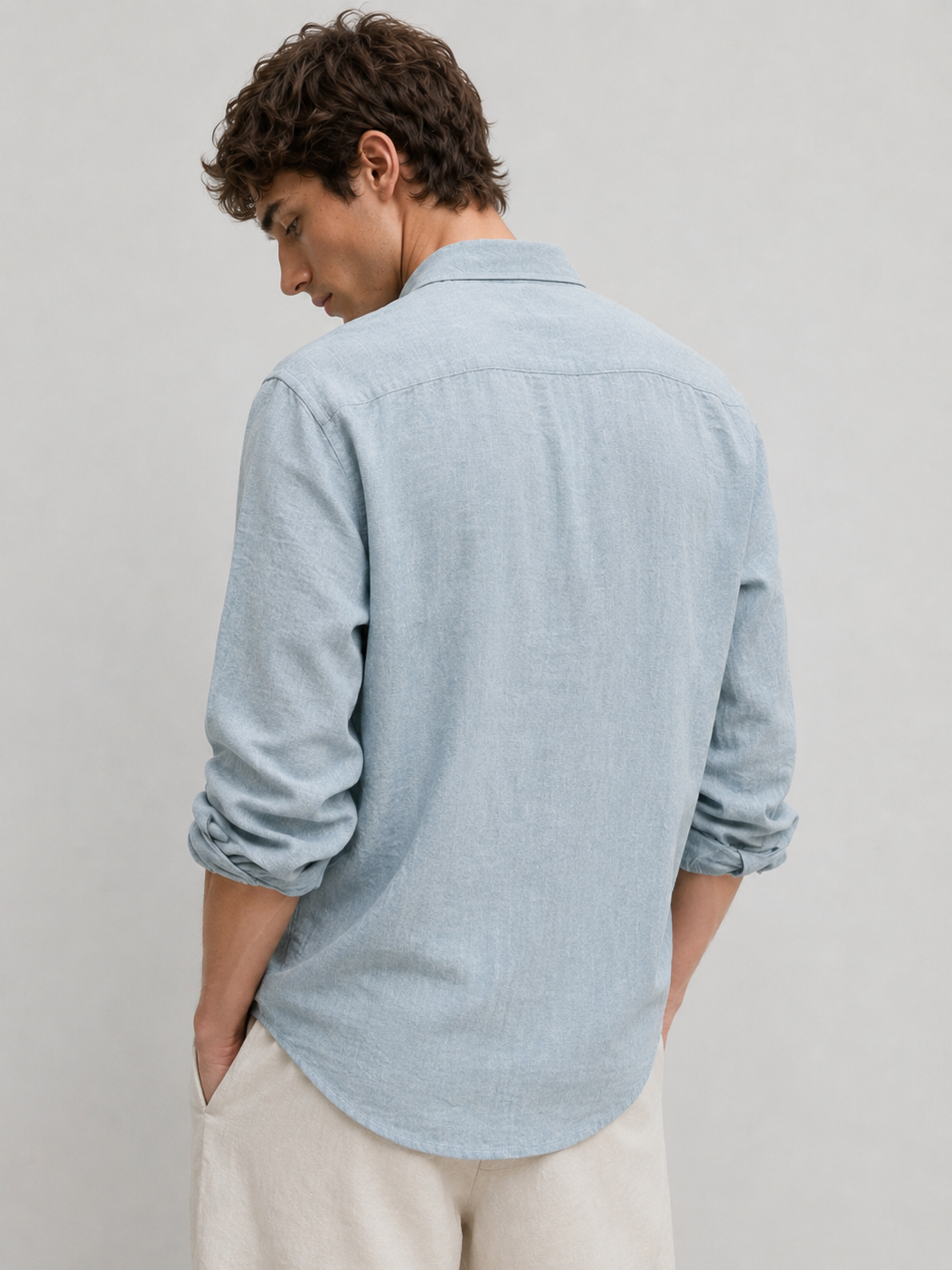Seaside Souvenirs Linen Regular Fit Blue Embroidered Shirt