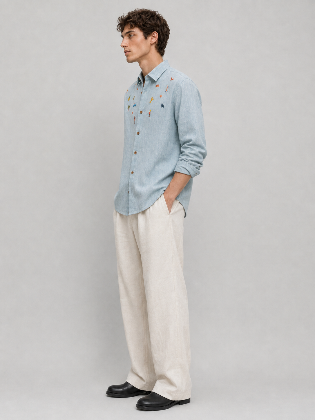 Seaside Souvenirs Linen Regular Fit Blue Embroidered Shirt