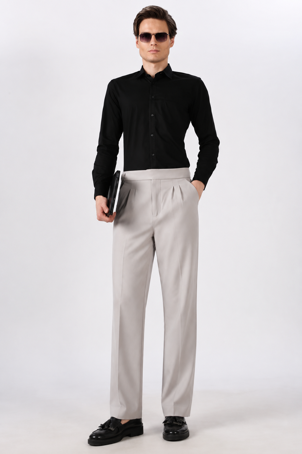 Italian Style Grey Pleated Straight Fit Pants