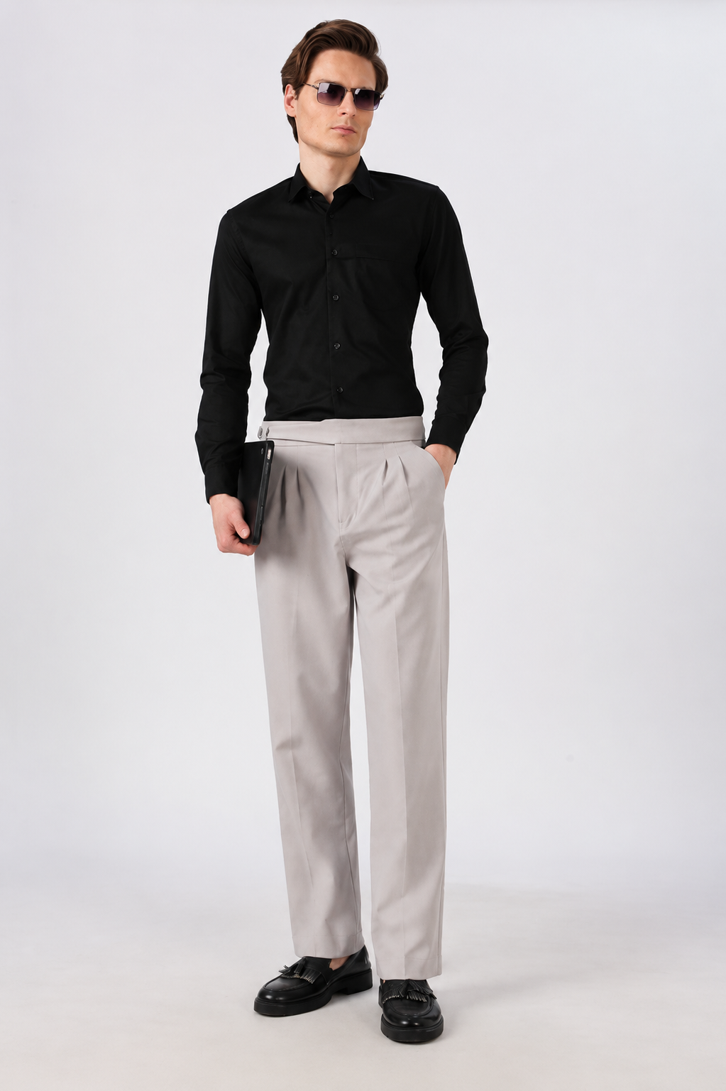 Italian Style Grey Pleated Straight Fit Pants
