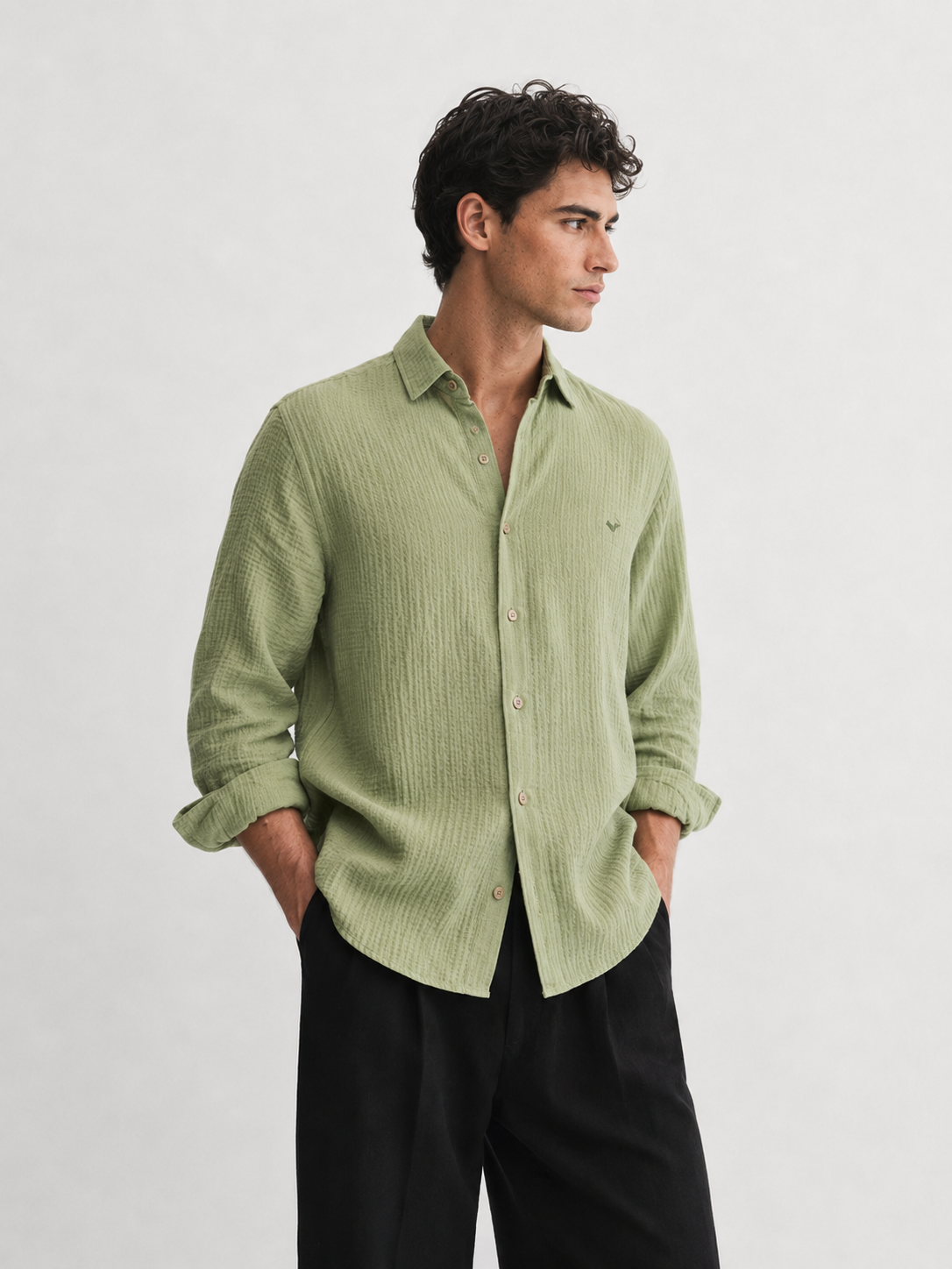 Surat Green Textured Double Cloth 100% Cotton Shirt