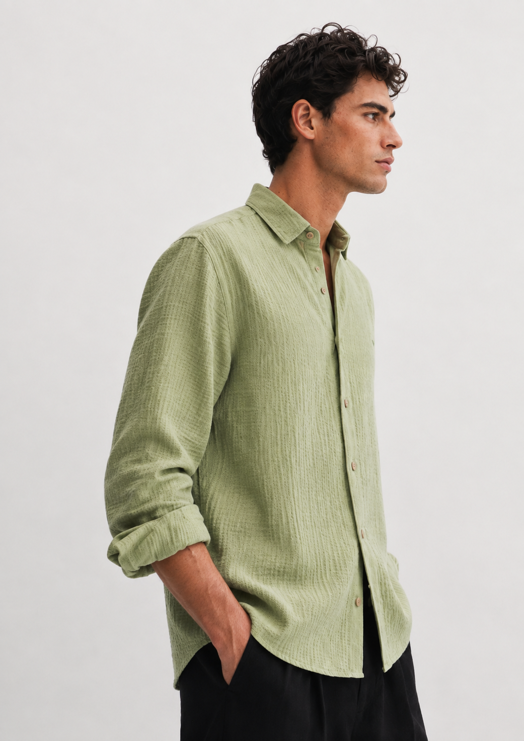 Surat Green Textured Double Cloth 100% Cotton Shirt