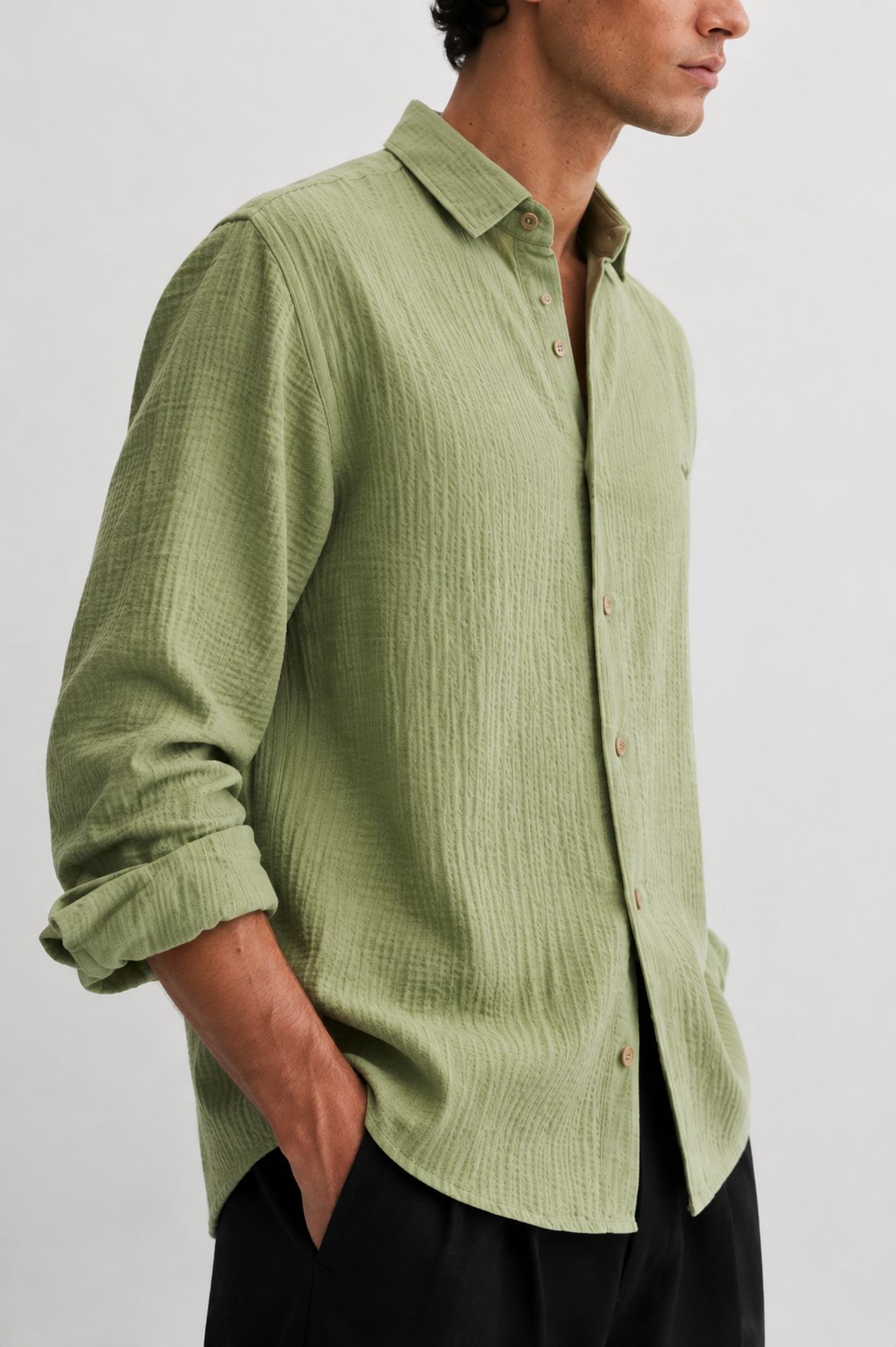 Surat Green Textured Double Cloth 100% Cotton Shirt