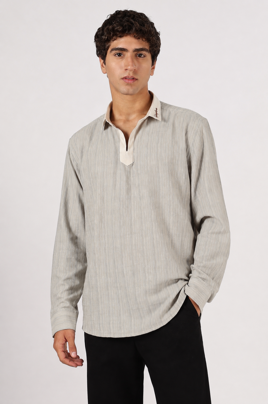 Drift Weave Johnny Collar Cotton Regular Fit Grey Henley Striped Shirt