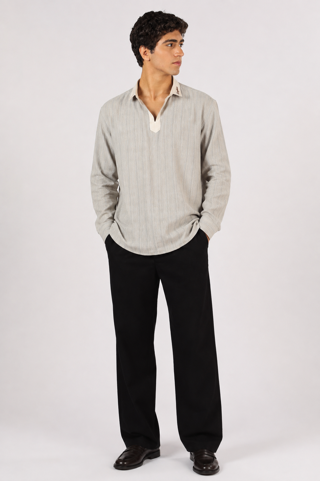 Drift Weave Johnny Collar Cotton Regular Fit Grey Henley Striped Shirt