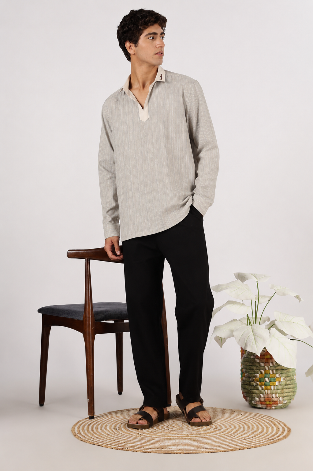 Drift Weave Johnny Collar Cotton Regular Fit Grey Henley Striped Shirt