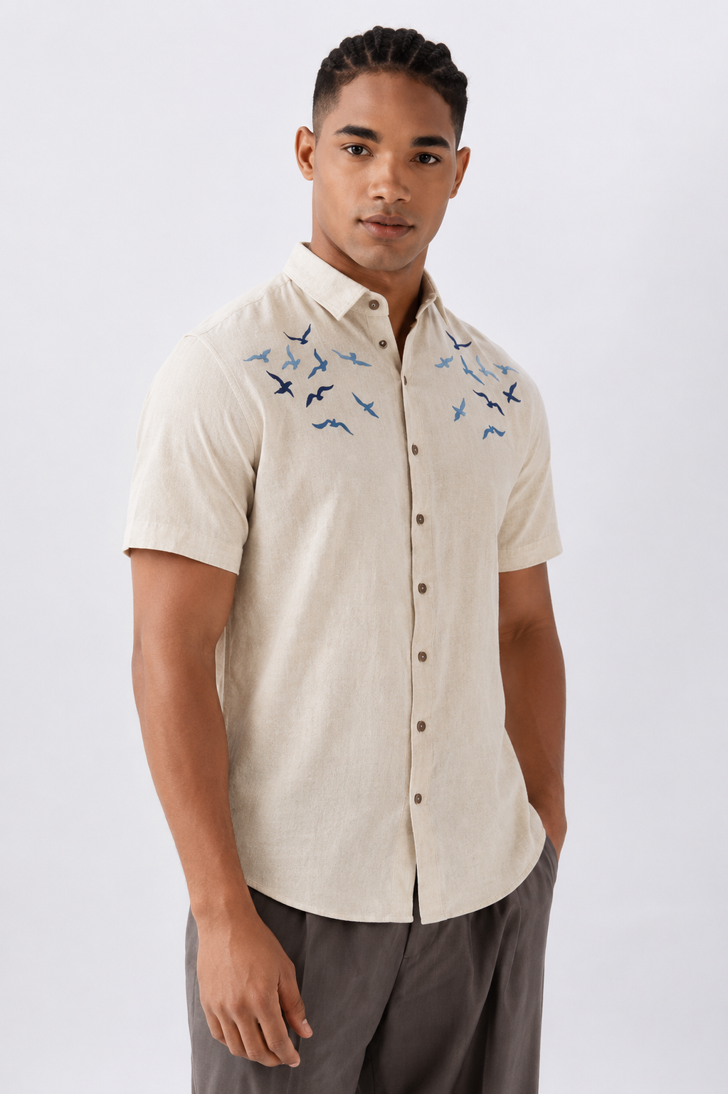 Internet's Viral Cotton Regular Fit Beige Half-Sleeve Embroidery Shirt