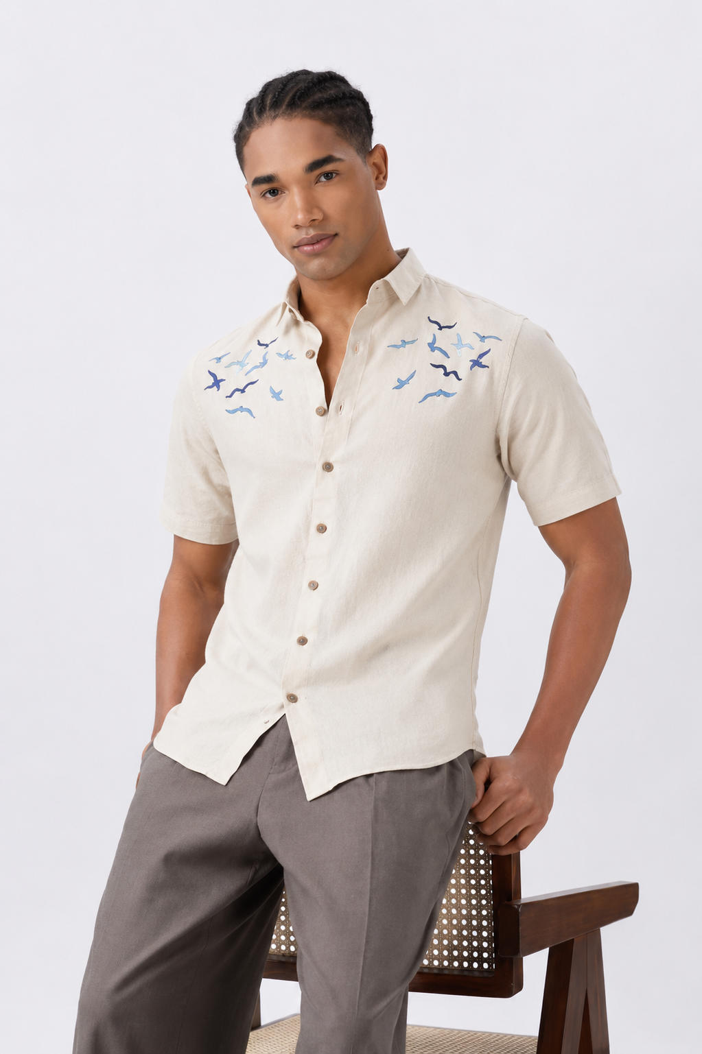 Internet's Viral Cotton Regular Fit Beige Half-Sleeve Embroidery Shirt