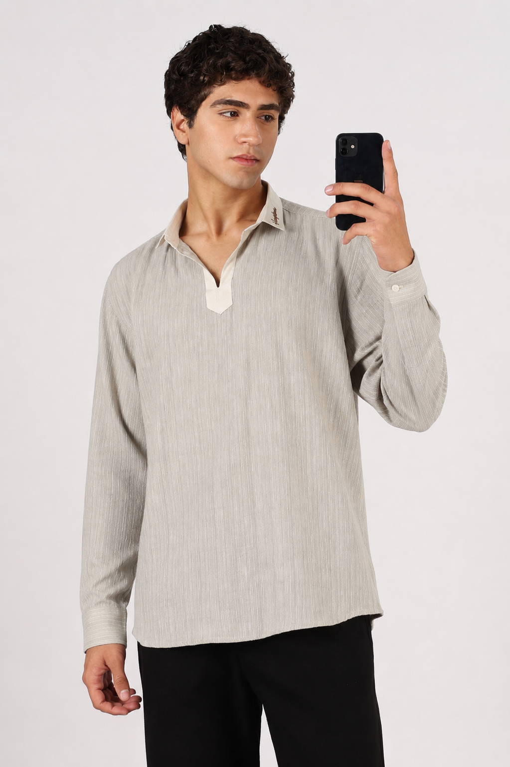 Drift Weave Johnny Collar Cotton Regular Fit Grey Henley Striped Shirt