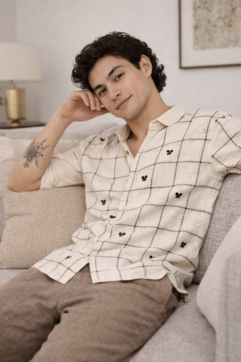 Craftline Cotton Box Fit Beige Embroidered Shirt