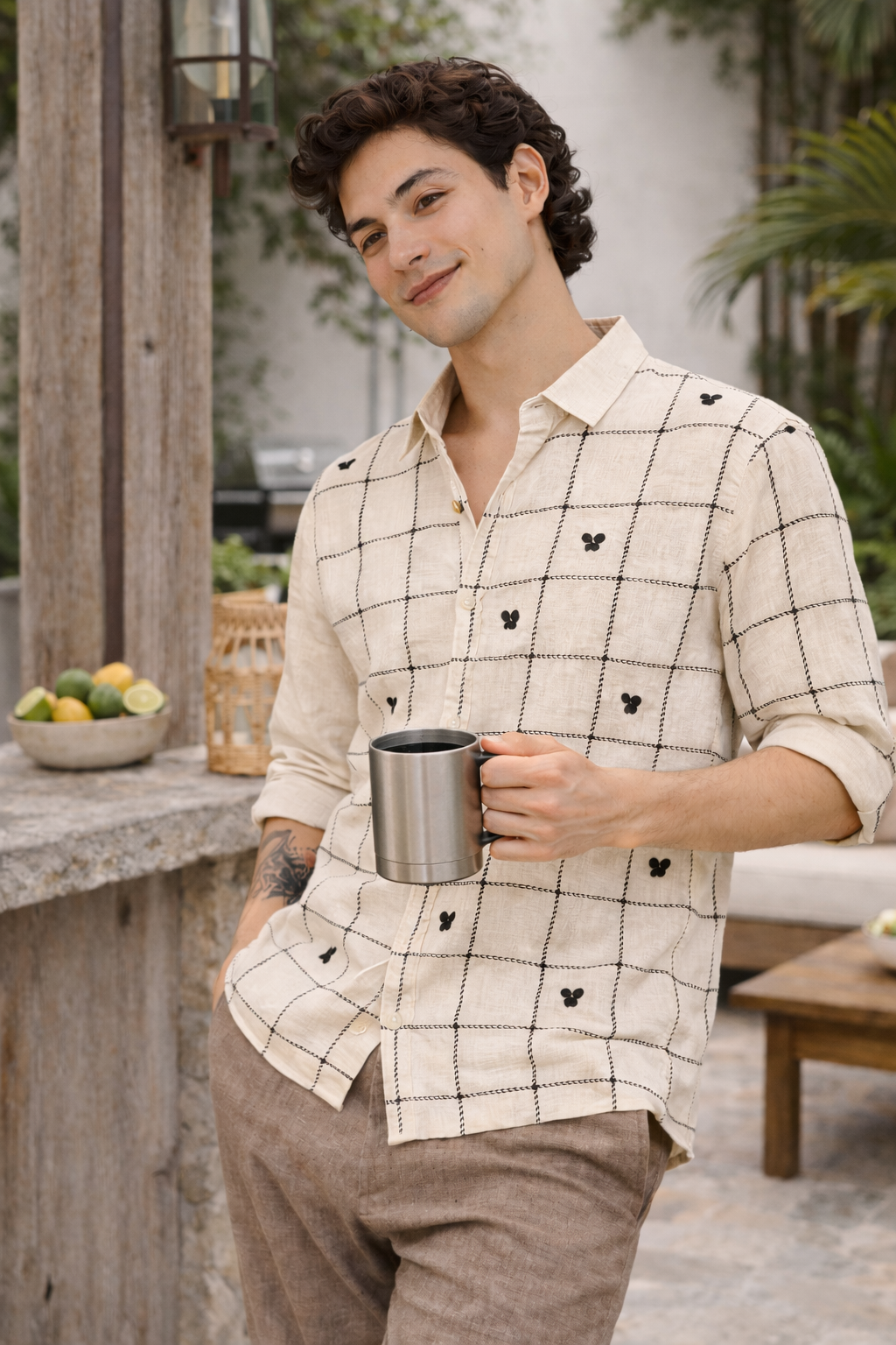 Craftline Cotton Box Fit Beige Embroidered Shirt