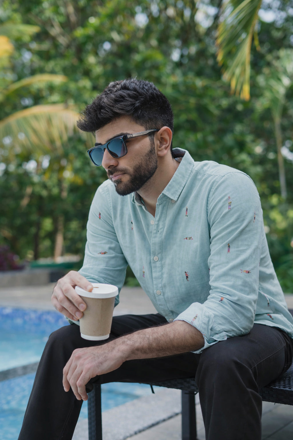 Aqua Beach Motif Embroidered Cotton Shirt