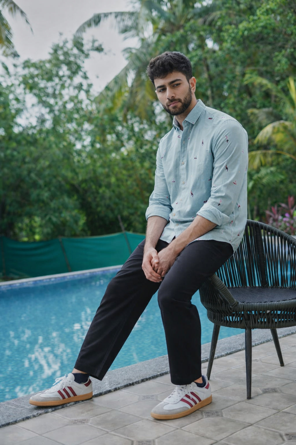 Aqua Beach Motif Embroidered Cotton Shirt