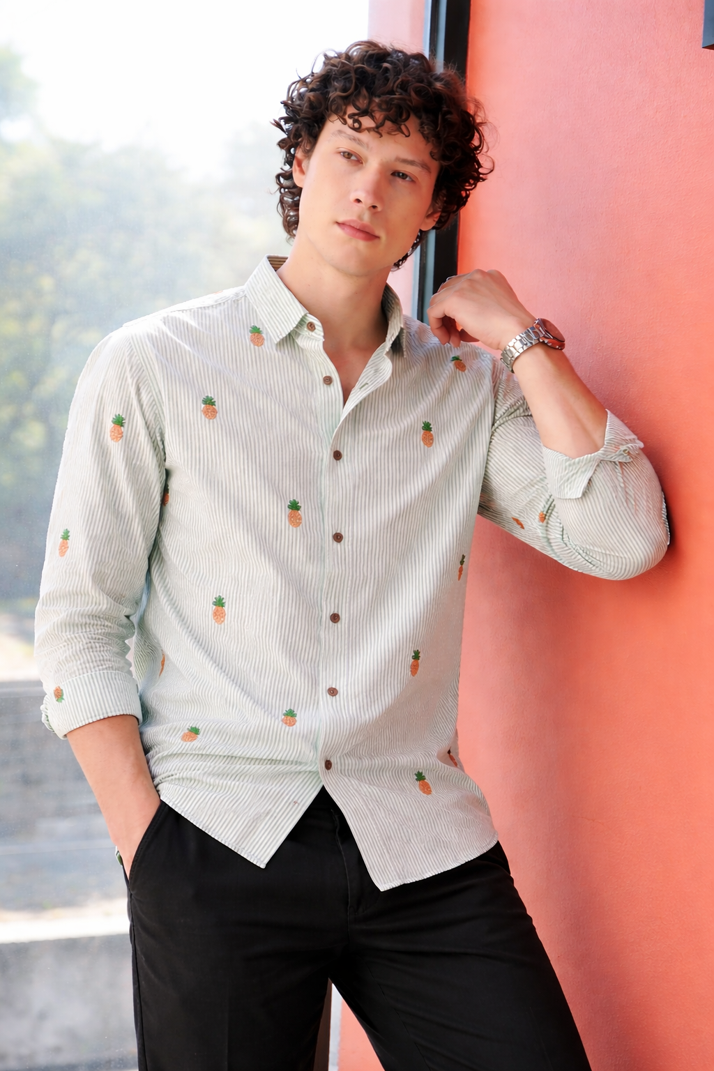 Mint Pineapple Motif Embroidered Striped Shirt