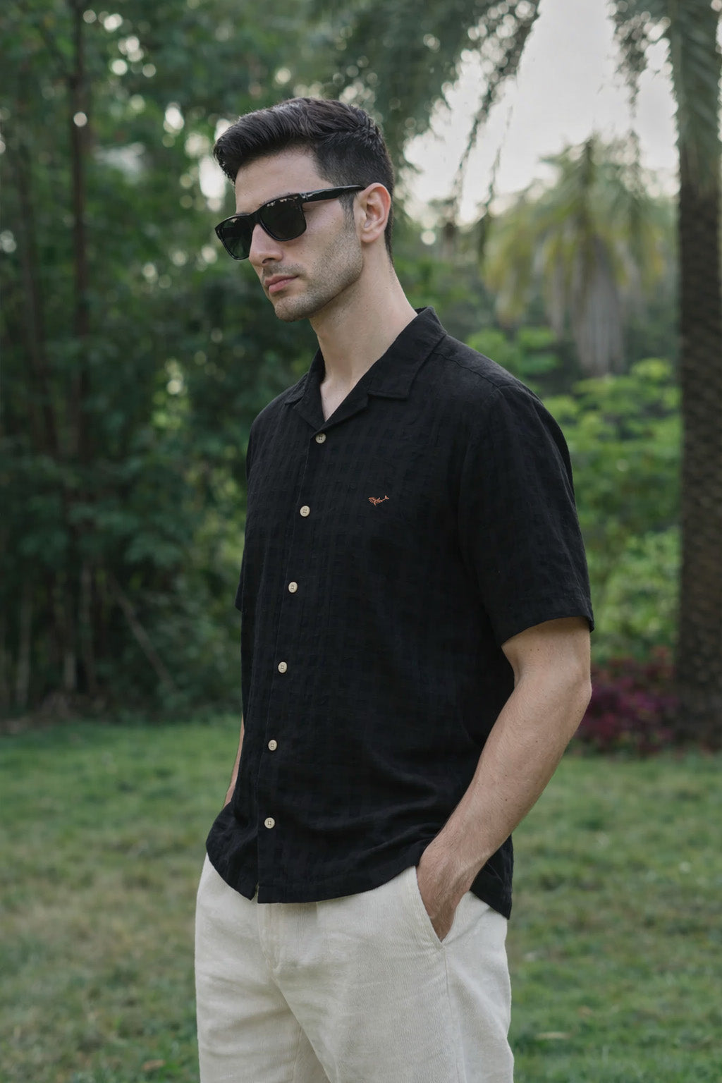 Black Textured Half-Sleeve Cuban Collar Shirt