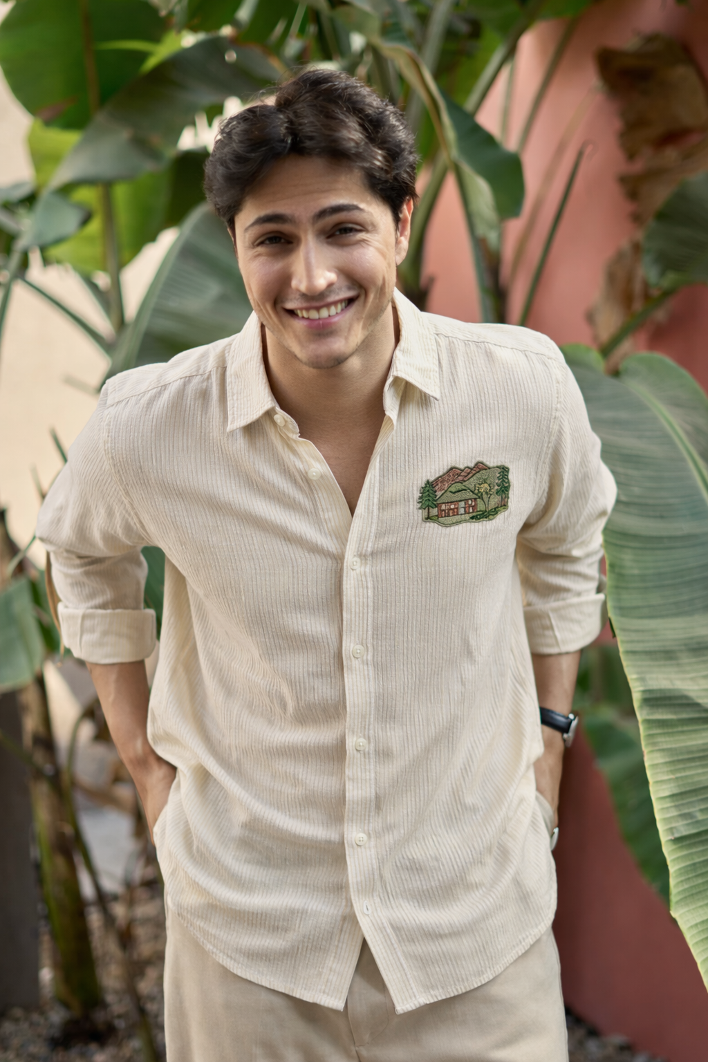 Rustic Haven Mountain Embroidered Striped Shirt