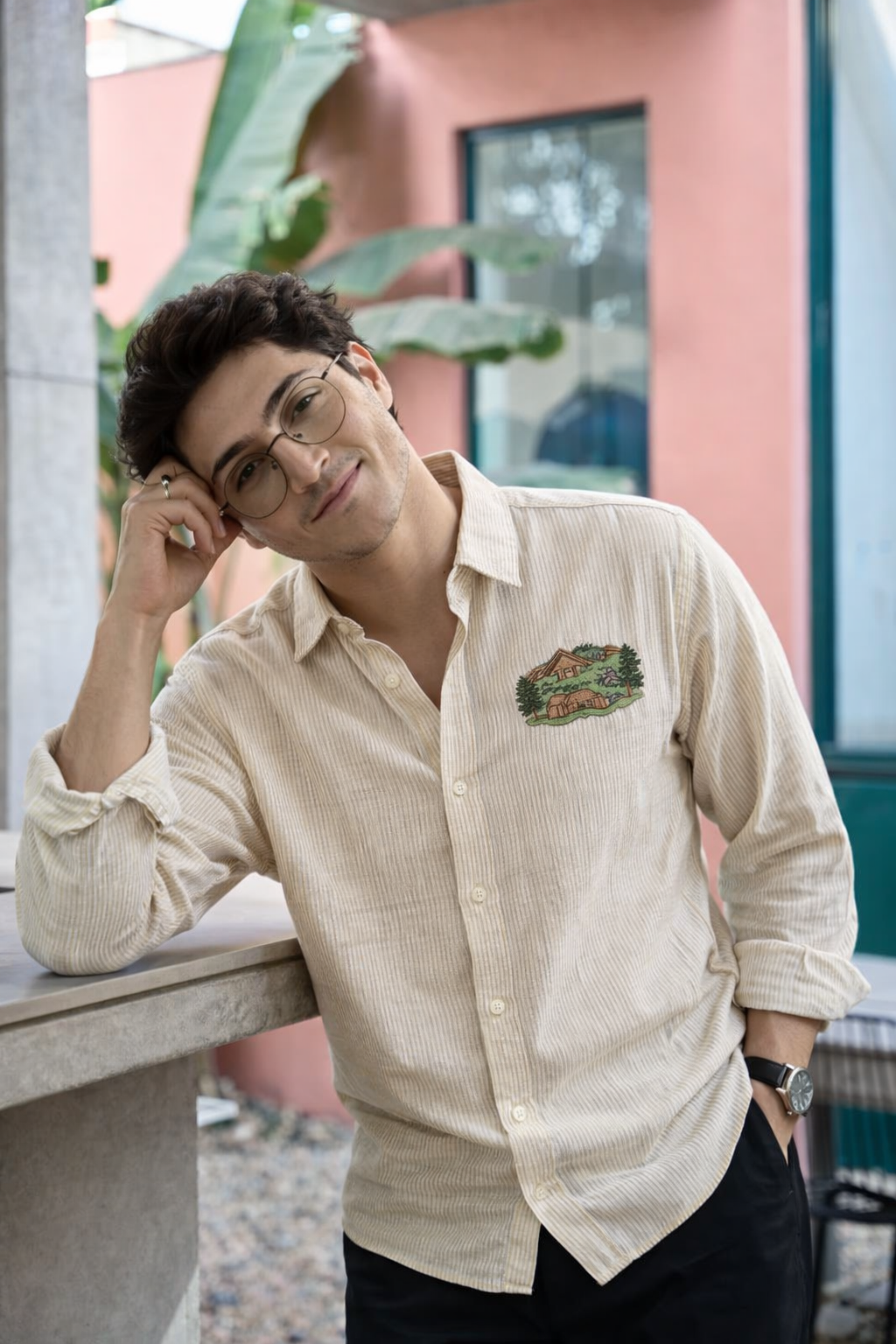 Rustic Haven Mountain Embroidered Striped Shirt