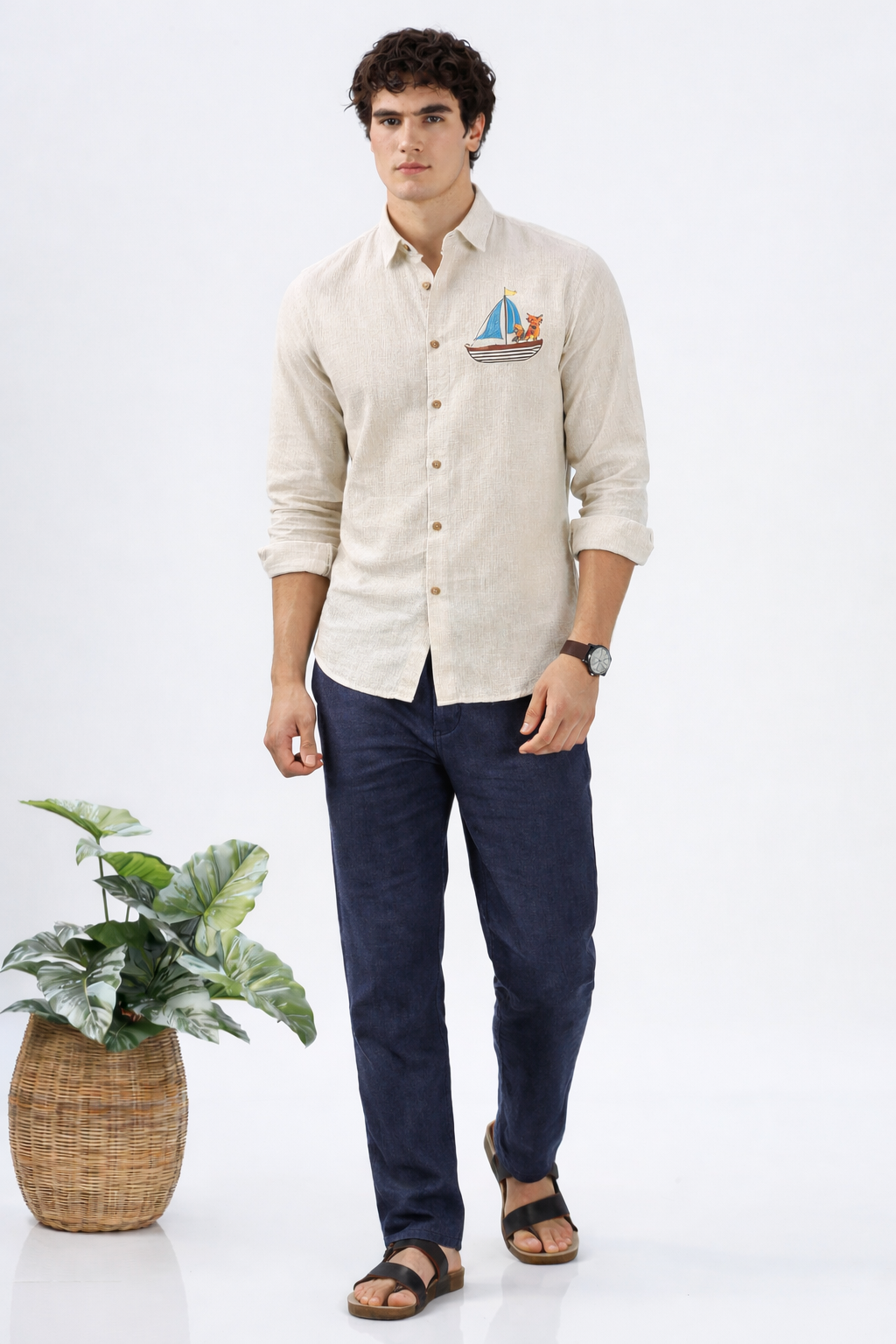 Vasco Da Gama Cotton Regular Fit Beige Embroidered Shirt