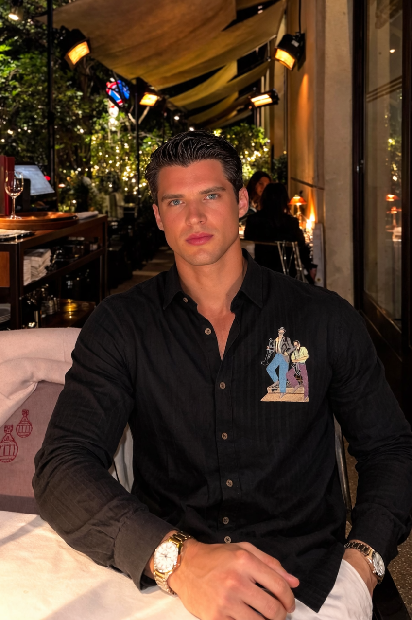 Midnight Jazz Cotton Regular Fit Black Striped Shirt