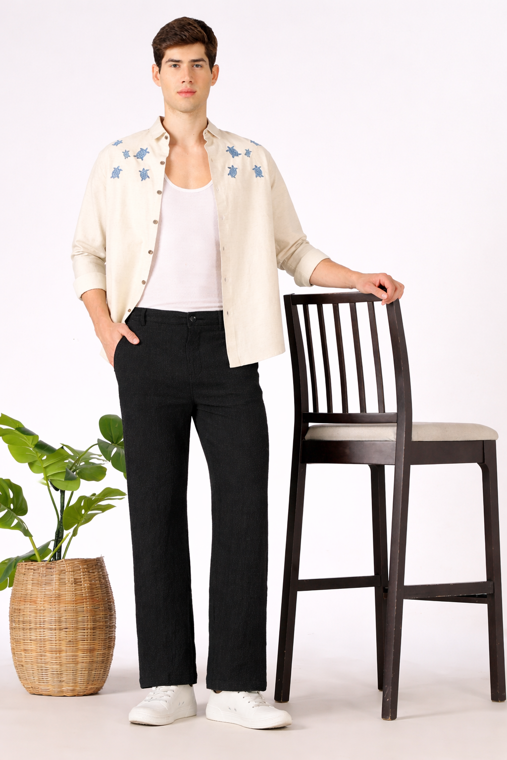 Seer-sucker 100% Cotton Parallel Fit Black Pants
