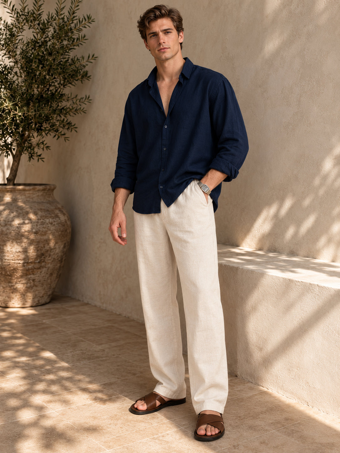 Riviera Linen-style 100% Cotton Straight Fit Cream Pant
