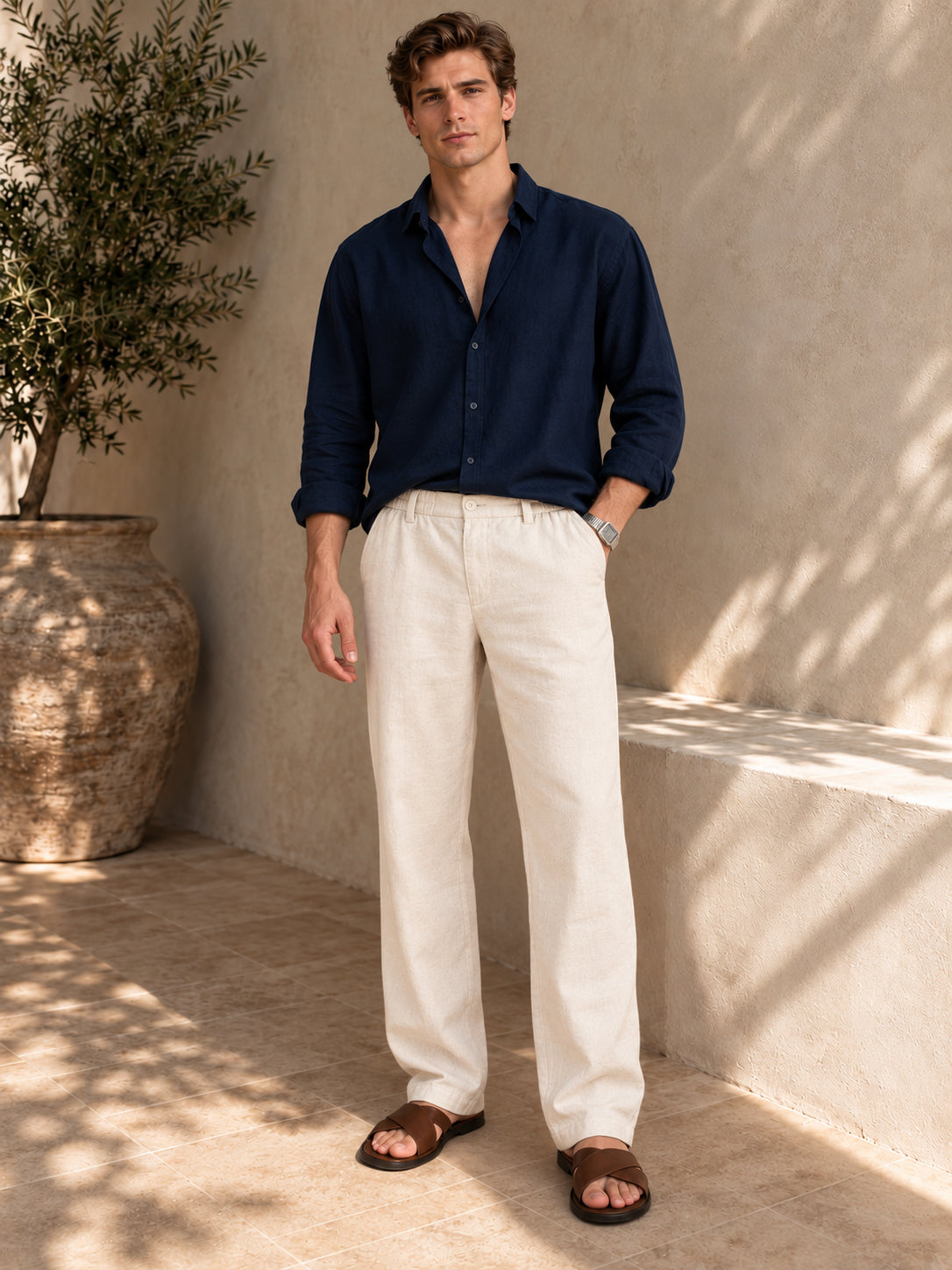 Riviera Linen-style 100% Cotton Straight Fit Cream Pant