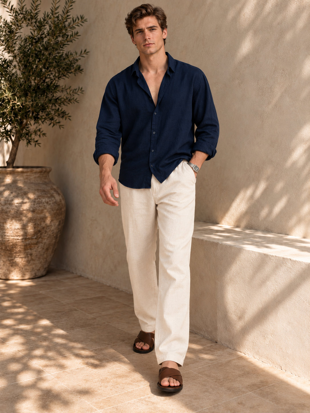 Riviera Linen-style 100% Cotton Straight Fit Cream Pant