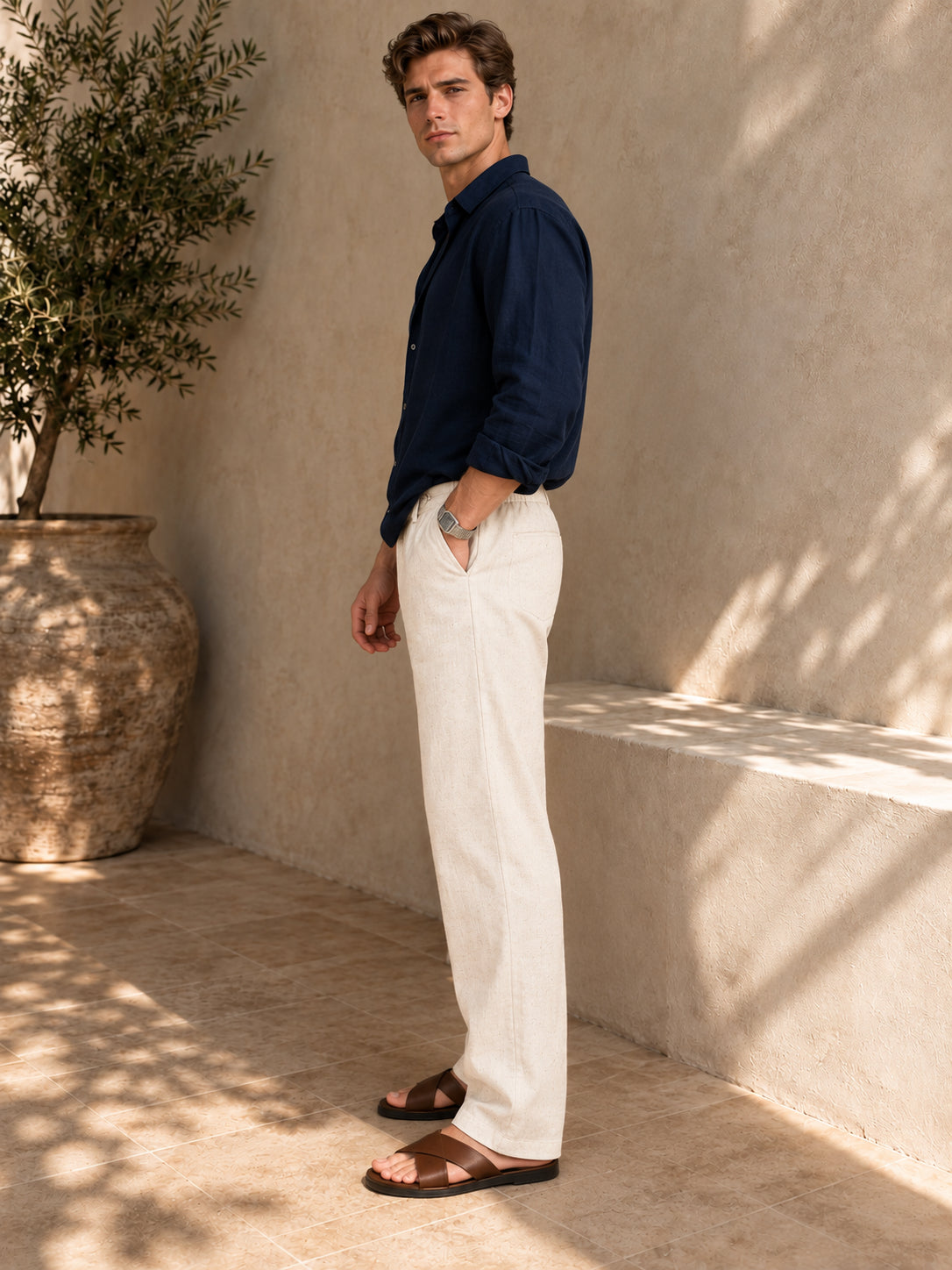 Riviera Linen-style 100% Cotton Straight Fit Cream Pant