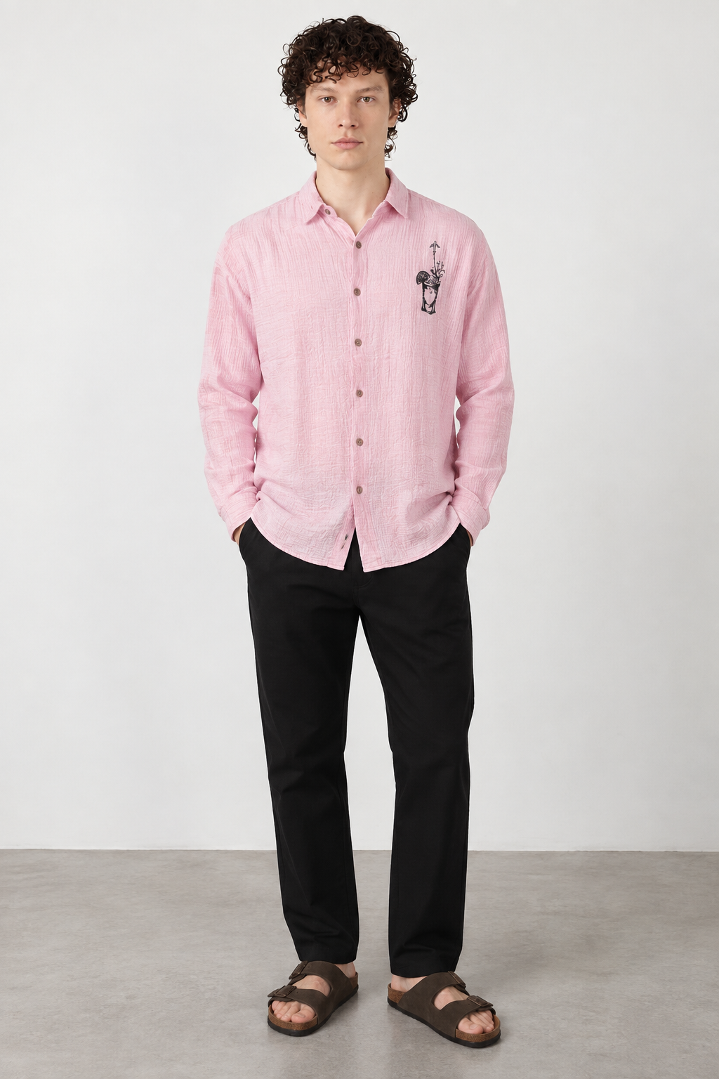 Traveller's favourite Regular Fit 100% Cotton Muslin Double Cloth Pink Embroidered Shirt
