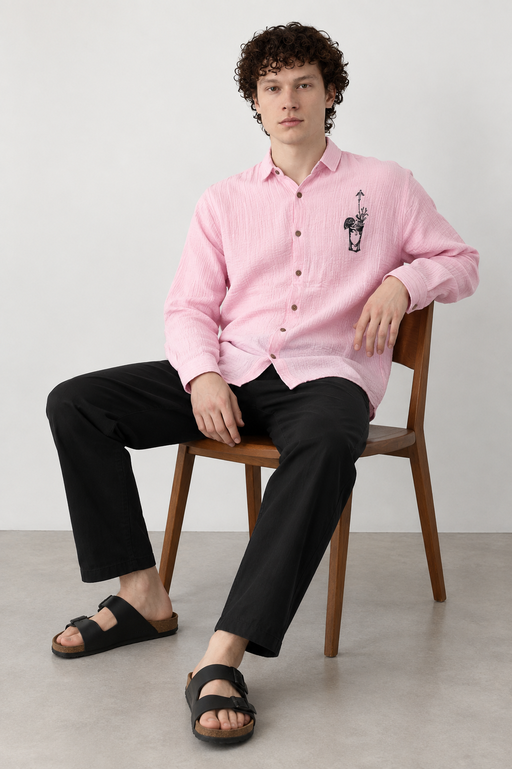 Traveller's favourite Regular Fit 100% Cotton Muslin Double Cloth Pink Embroidered Shirt