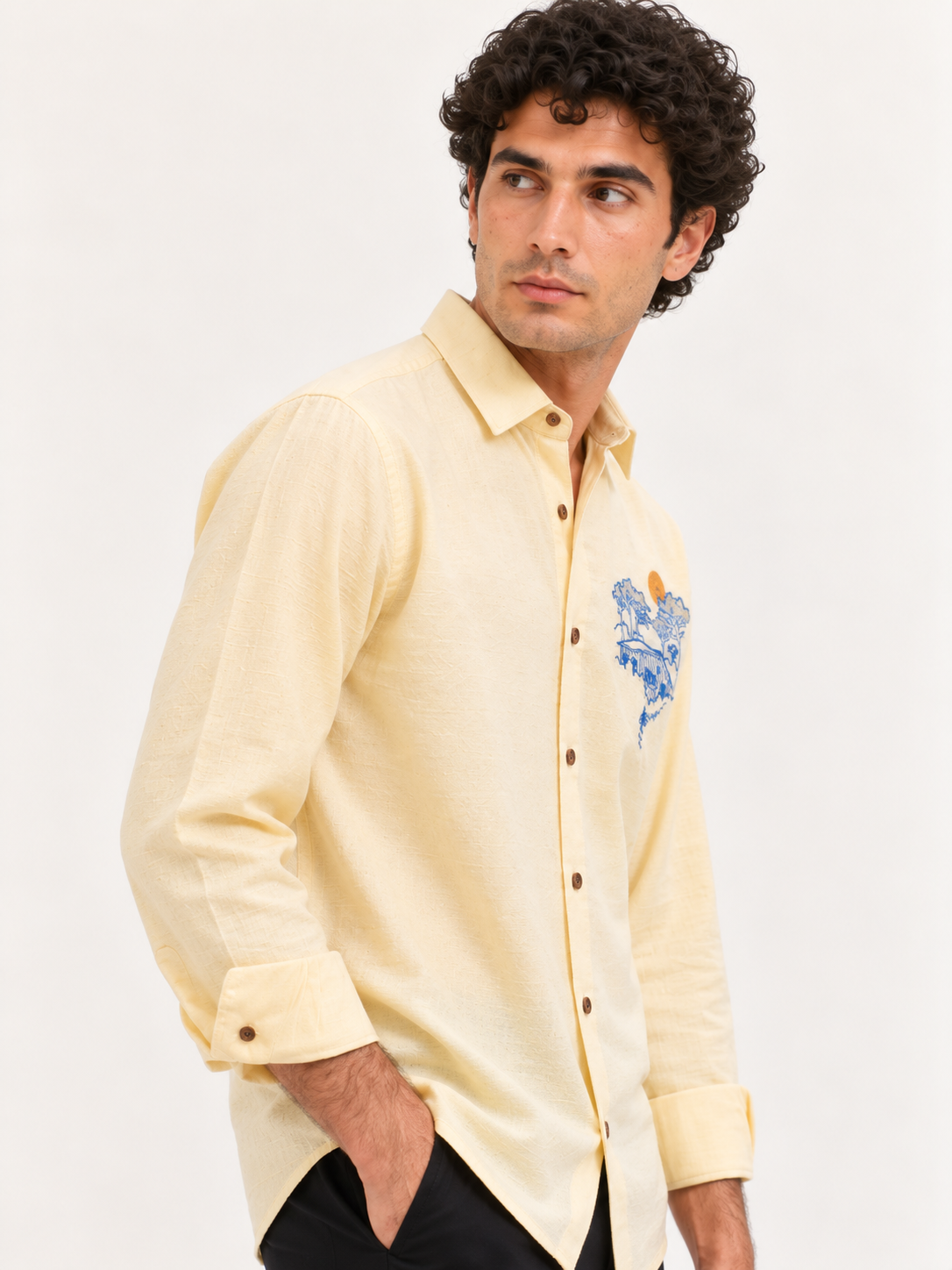 Sunset Retreat Cotton Regular Fit Yellow Embroidered Shirt