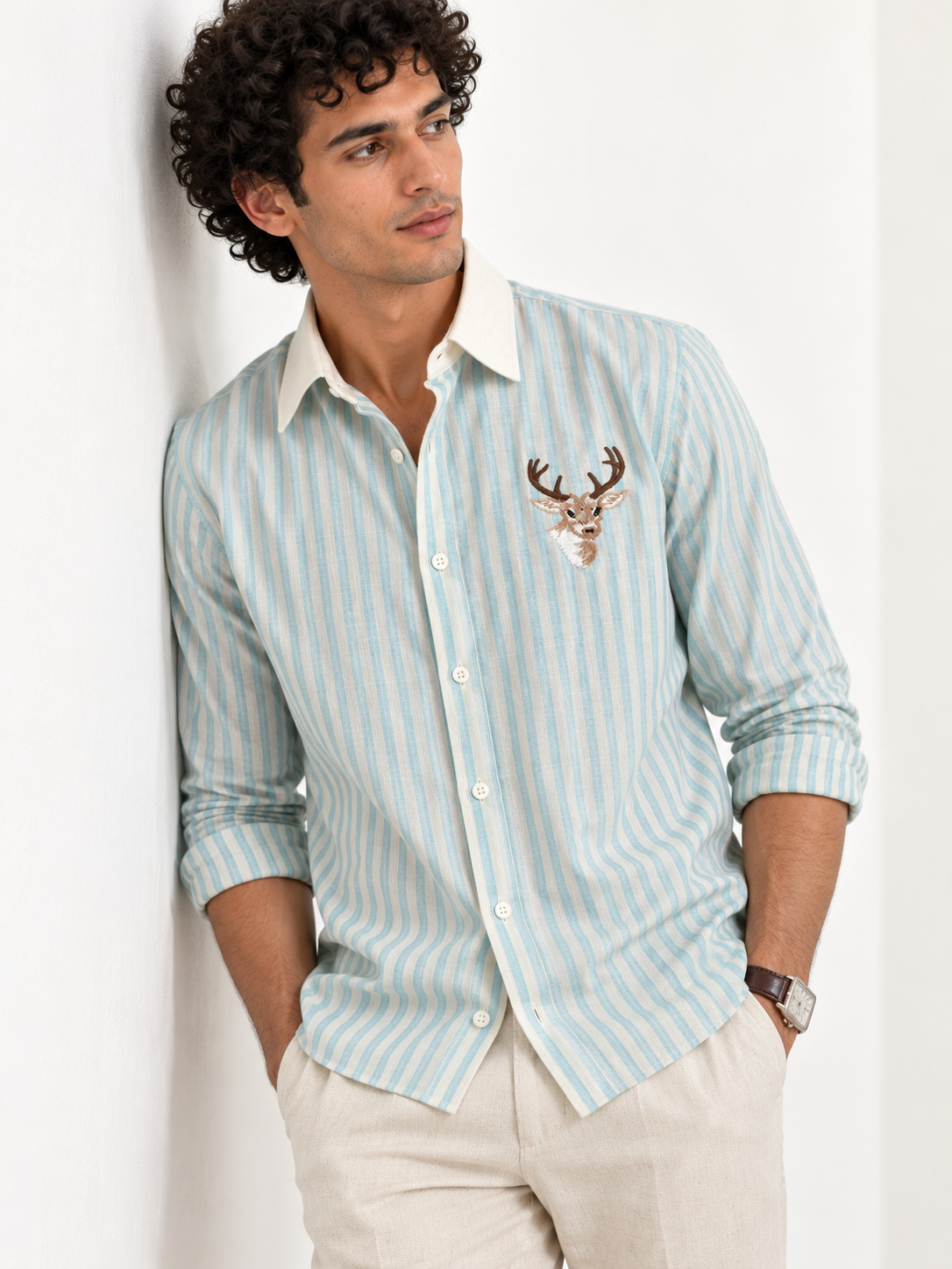 Stag Crest Cotton Regular Fit Sky Blue Striped Embroidered Shirt