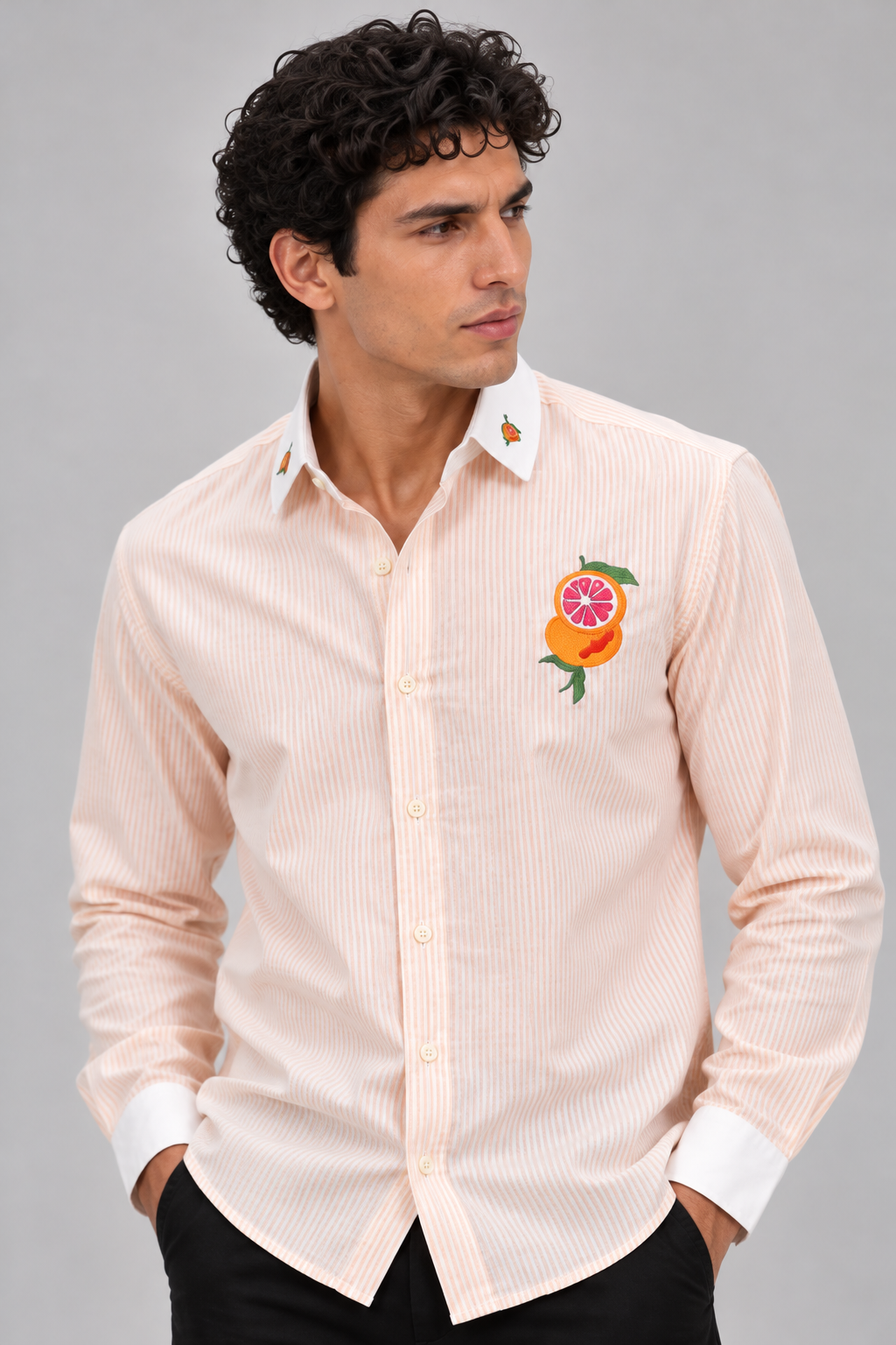 Citrus Bloom Cotton Regular Fit Peach Striped Shirt
