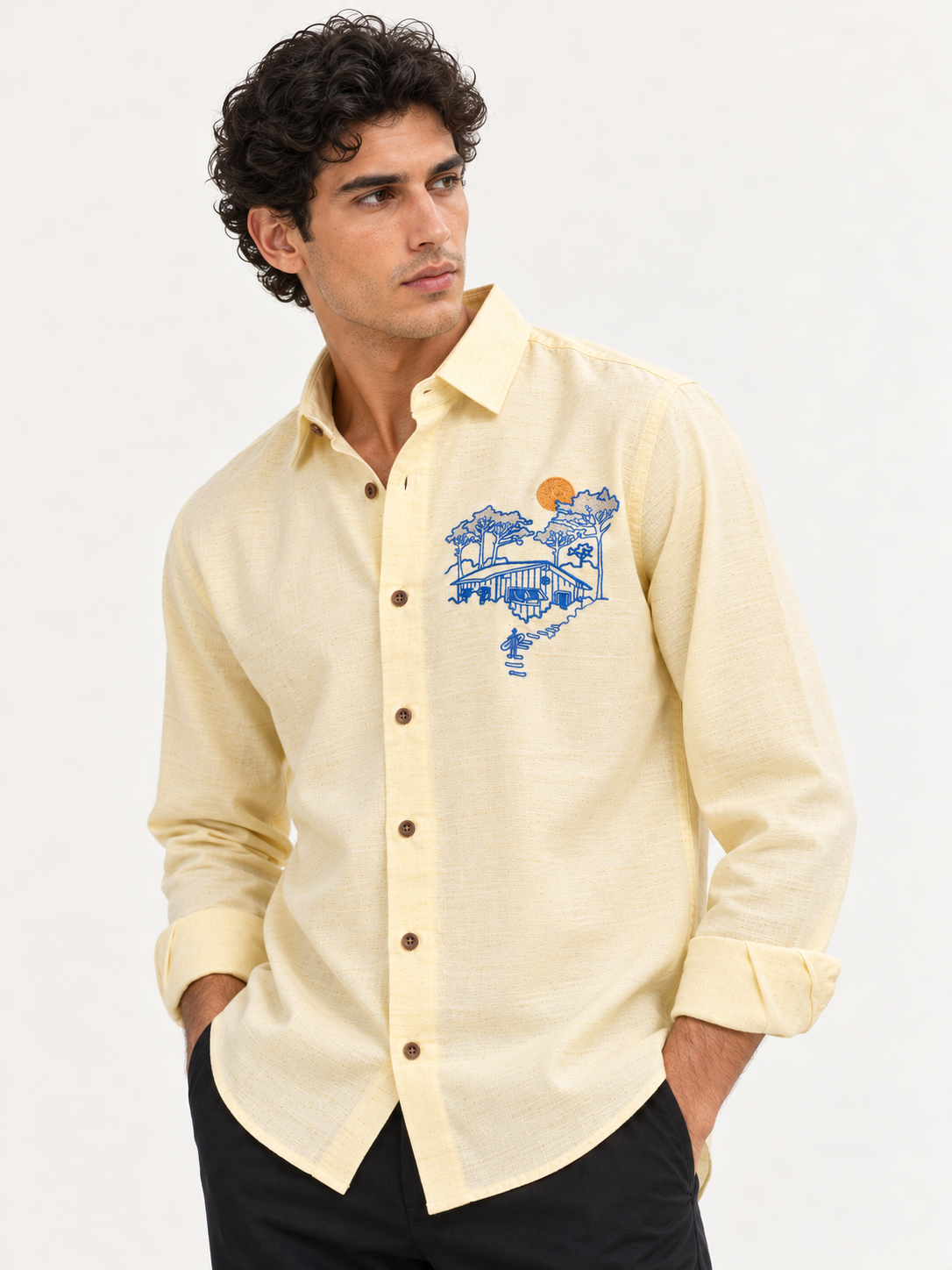 Sunset Retreat Cotton Regular Fit Yellow Embroidered Shirt