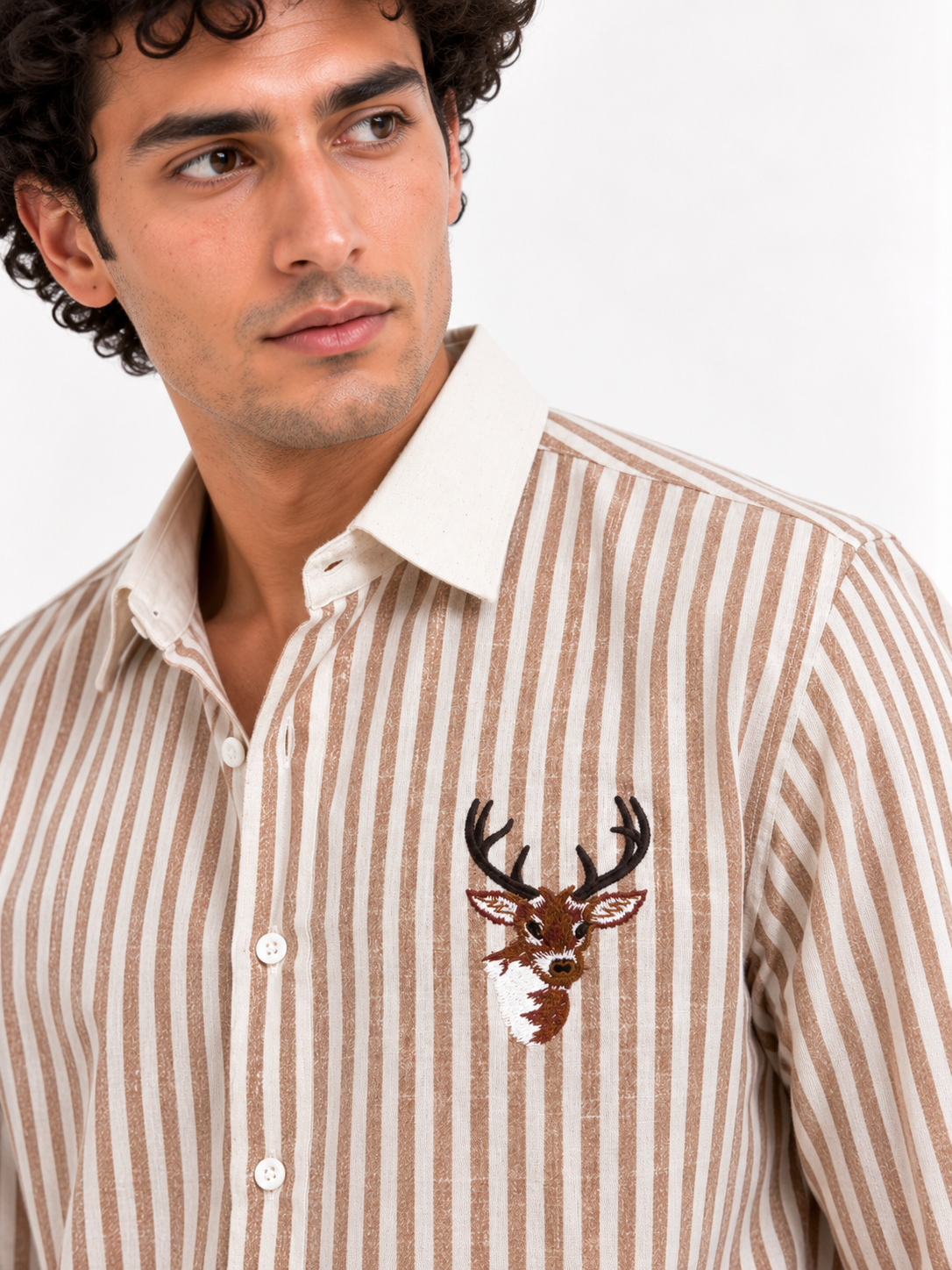 Stag Crest Cotton Regular Fit Brown Striped Embroidered Shirt