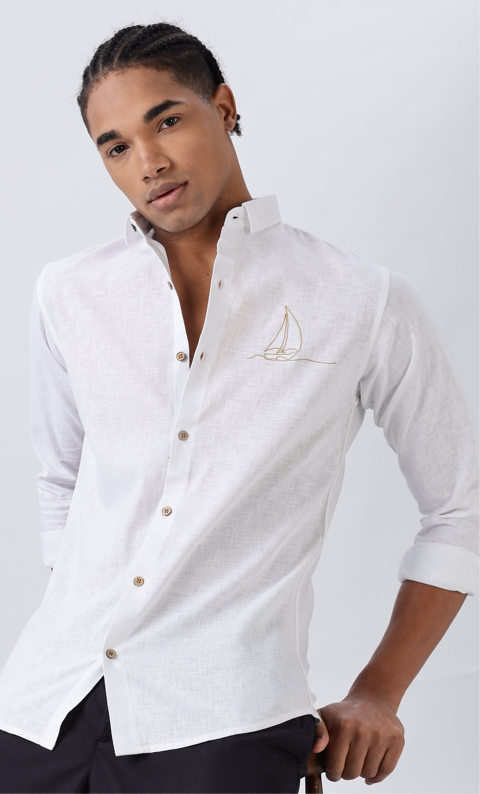 classic pirogue Cotton Regular Fit White embroidery shirt