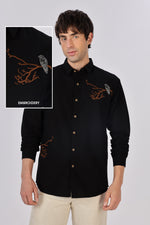 Shadow Grove Owl Cotton Regular Fit Black Embroidered Shirt