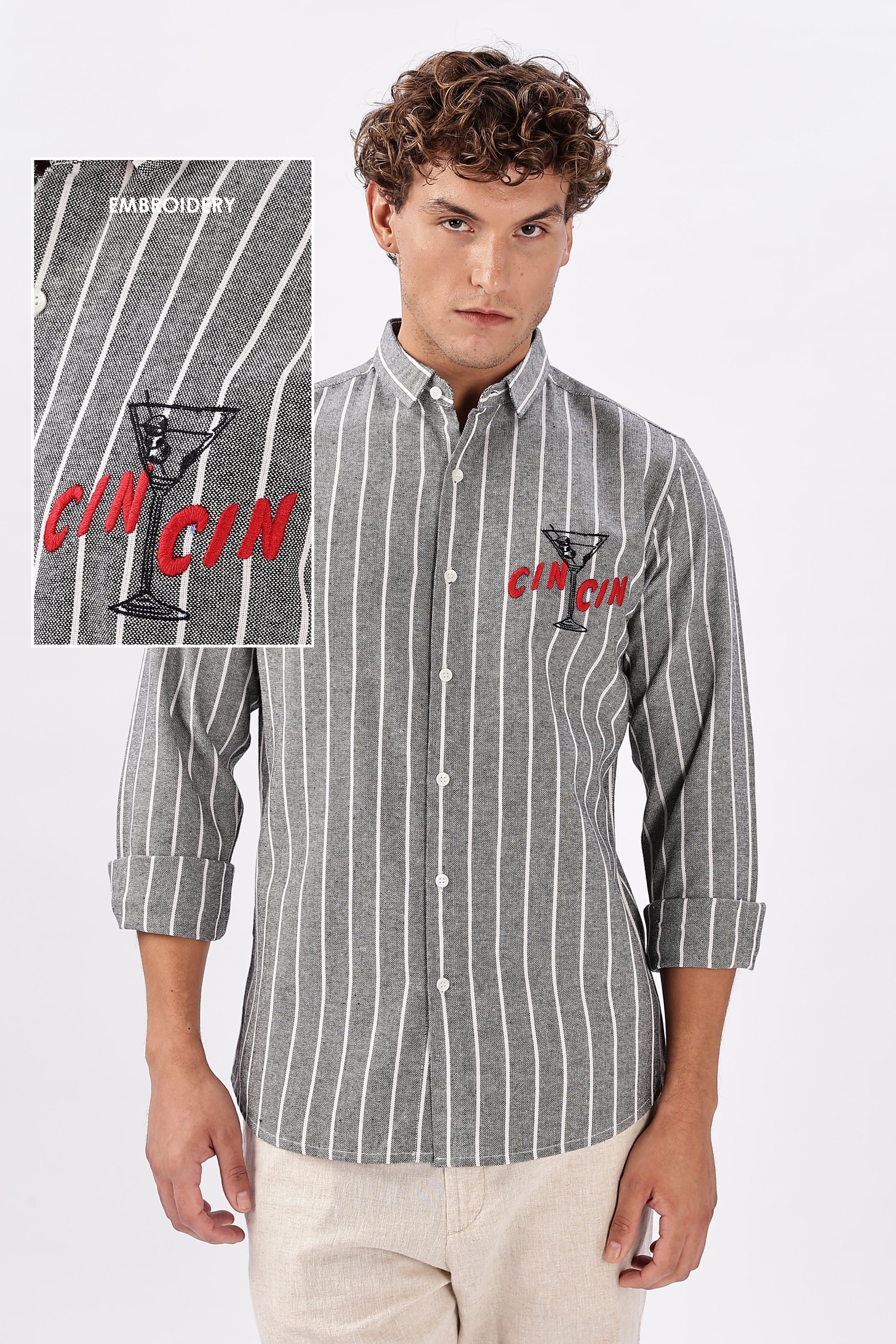 Cin Cin Striped Grey Embroidered Shirt
