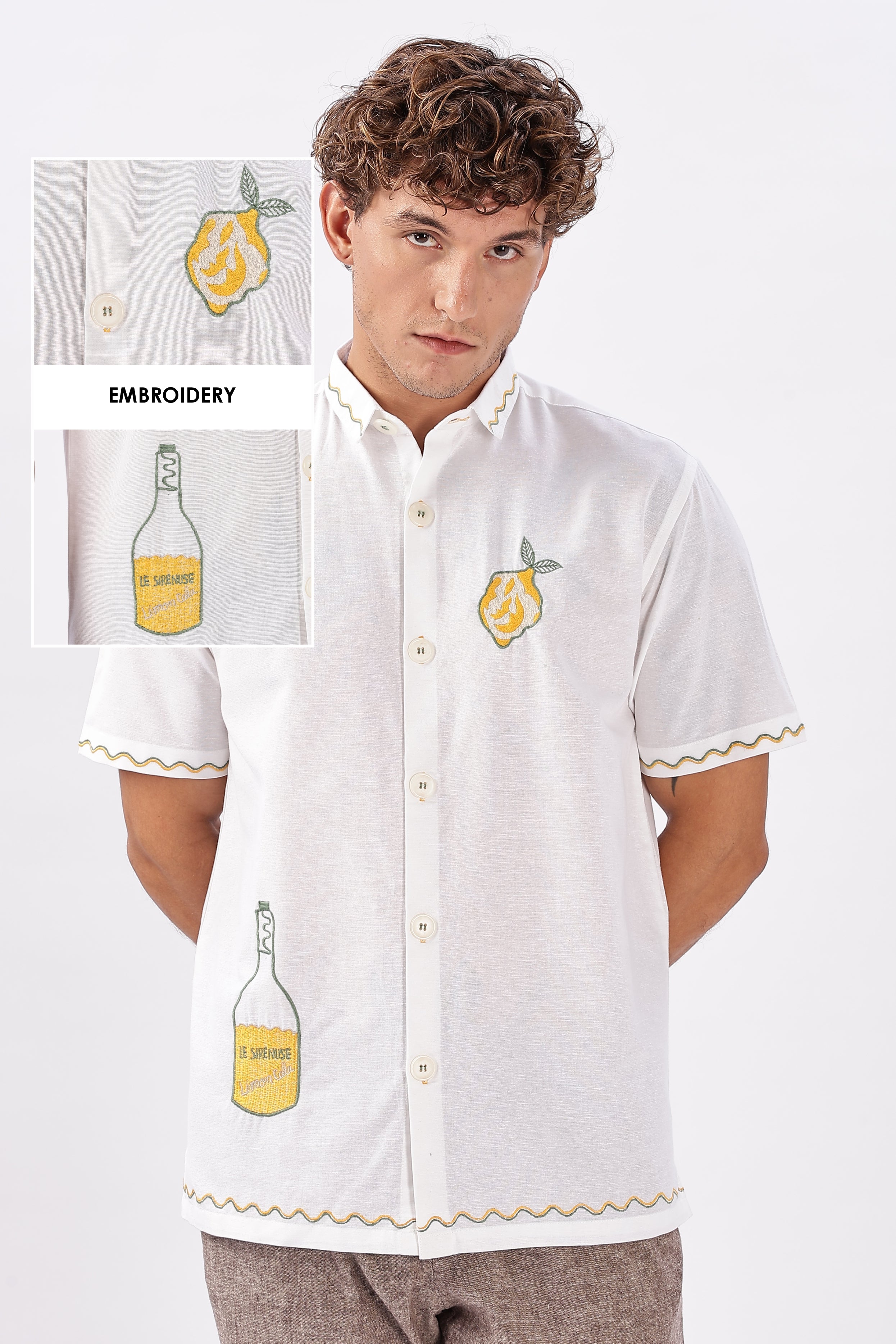 Playful Lemon Bottle Cotton Regular Fit Half-Sleeve White Embroidered Shirt