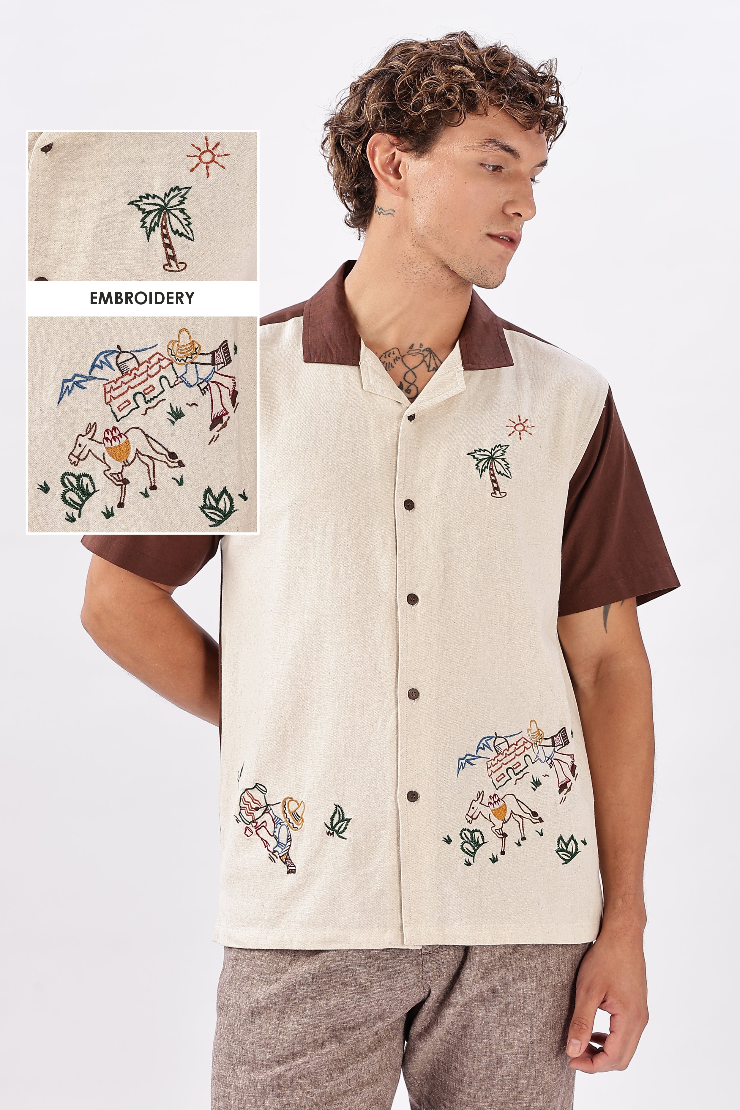 Desert Fiesta Box Fit Beige Half Sleeve Embroidered Shirt