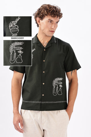 Still Life in Stitch Olive Embroidery Camp Shirt